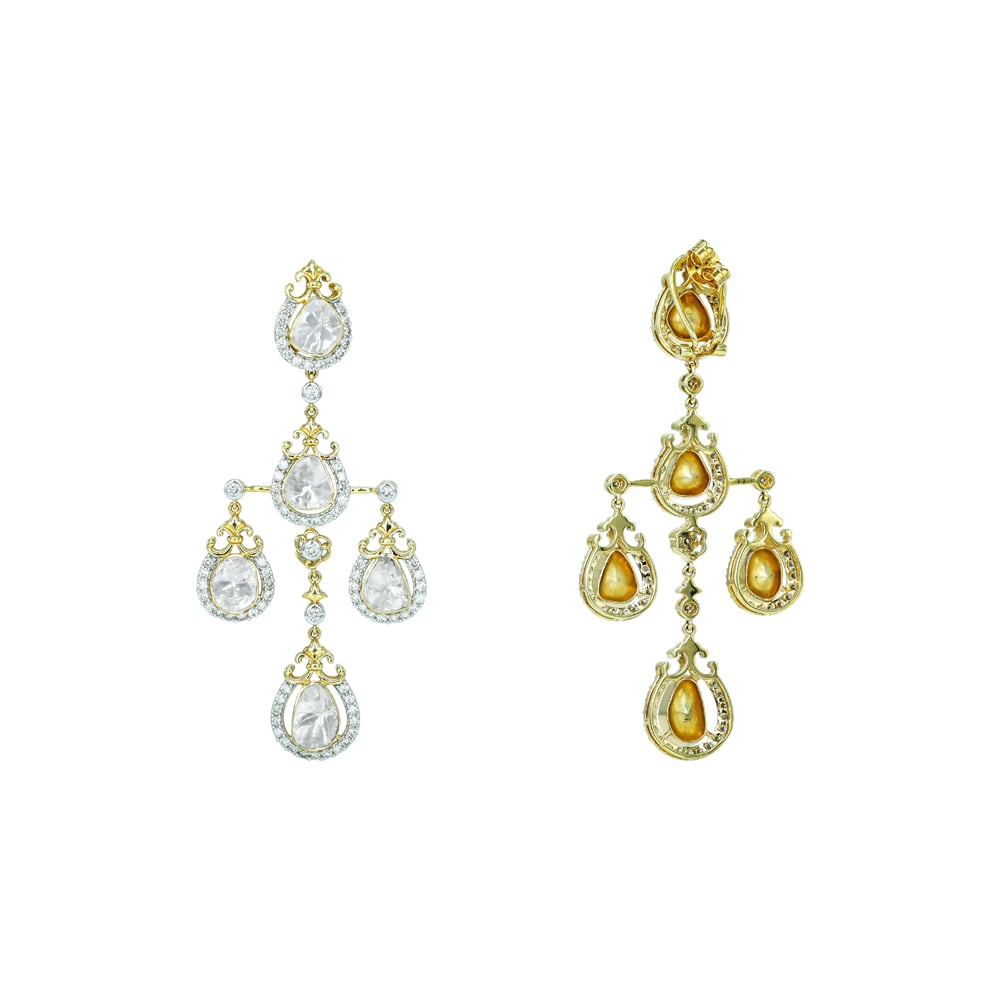 Cascading Polki Diamond Earrings with Delicate Halo Design